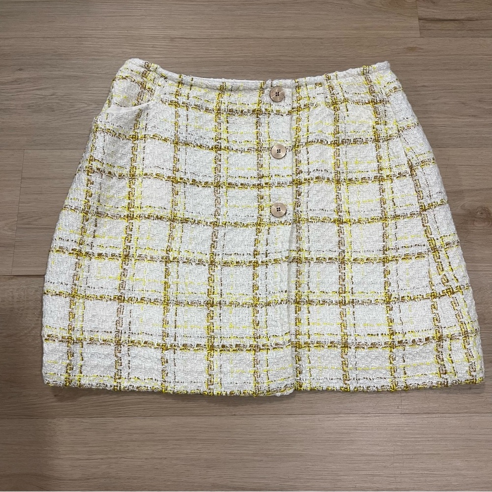 CAbi White and Yellow Checkered Mini Skirt